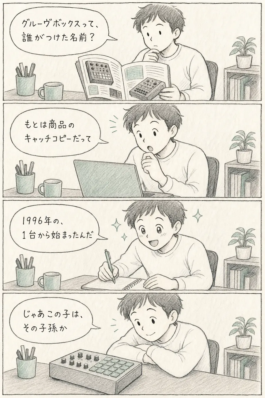 4コマ漫画: グルーヴボックスという名前の由来を調べた初心者が、1996年の1台のキャッチコピーが始まりだと知り、自分の機材を「その子孫か」と見つめる