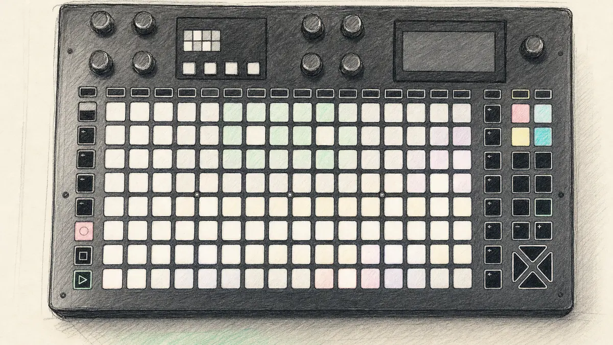 Squarp Hapax のイラスト(実機を参考に作成)。横長の筐体に128個の光るパッド、上部に2つの小さなディスプレイとノブ列