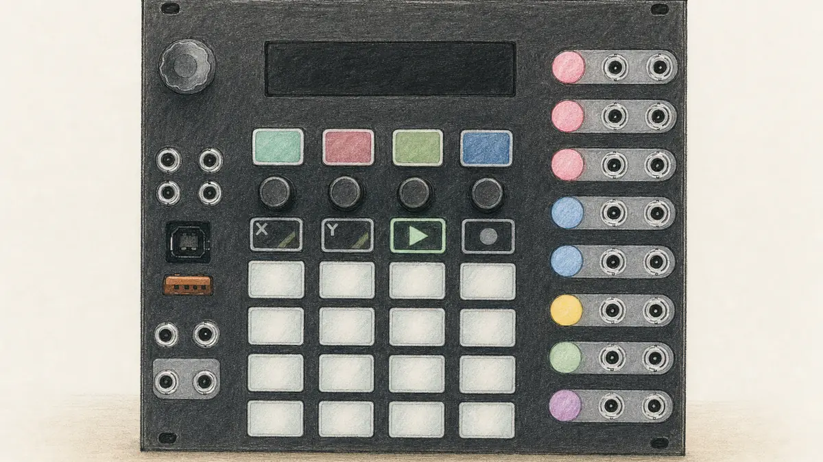 Squarp Hermod+のイラスト(実機を参考に作成)。横に広いユーロラック・モジュール、中央に小さな画面、下に丸ノブが並び、周囲に押しボタンと3.5mm端子が多数