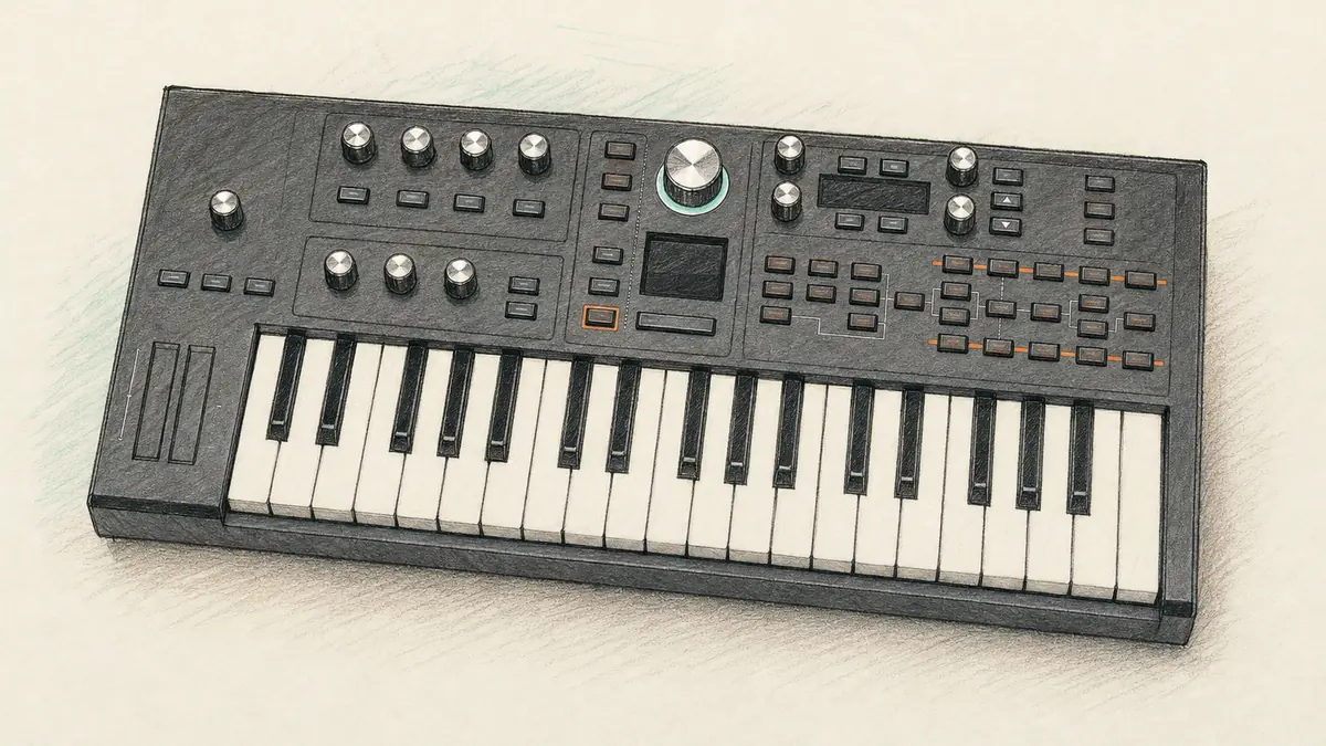 ASM Hydrasynth Explorerのイラスト(実機を参考に作成)。黒い横長の筐体に37のミニ鍵盤、上部に黒いノブ群と中央の大きなダイヤルと小さな画面、左端に2本の縦のタッチストリップ
