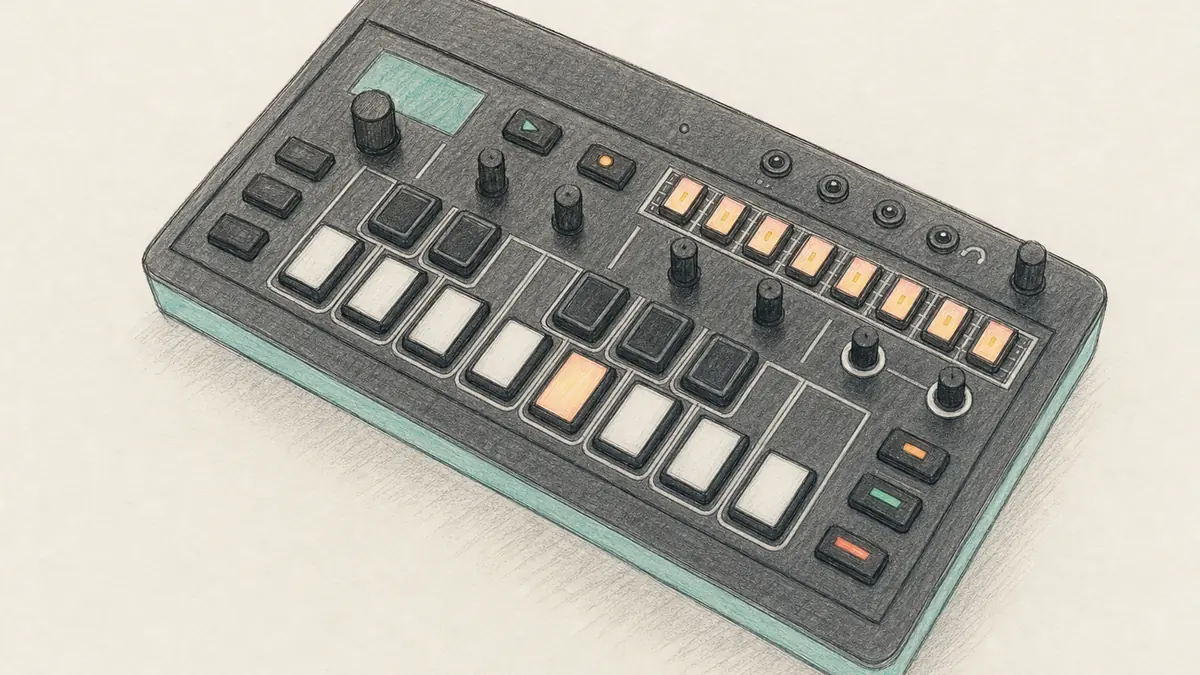 Roland J-6のイラスト（実機を参考に作成）。手のひらサイズの横長の白い小型機、上面に小さな丸ノブが並び、下段に細長いボタンの列、側面に3.5mm端子とUSB-C