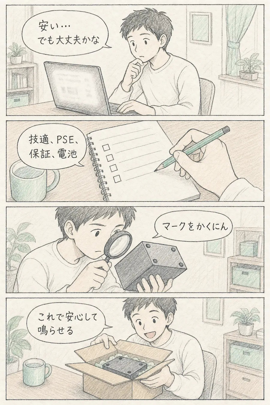 4コマ漫画: 海外通販で迷う人が「技適、PSE、保証、電池」のチェックリストを作り、マークを確認して「これで安心して鳴らせる」と箱を開ける