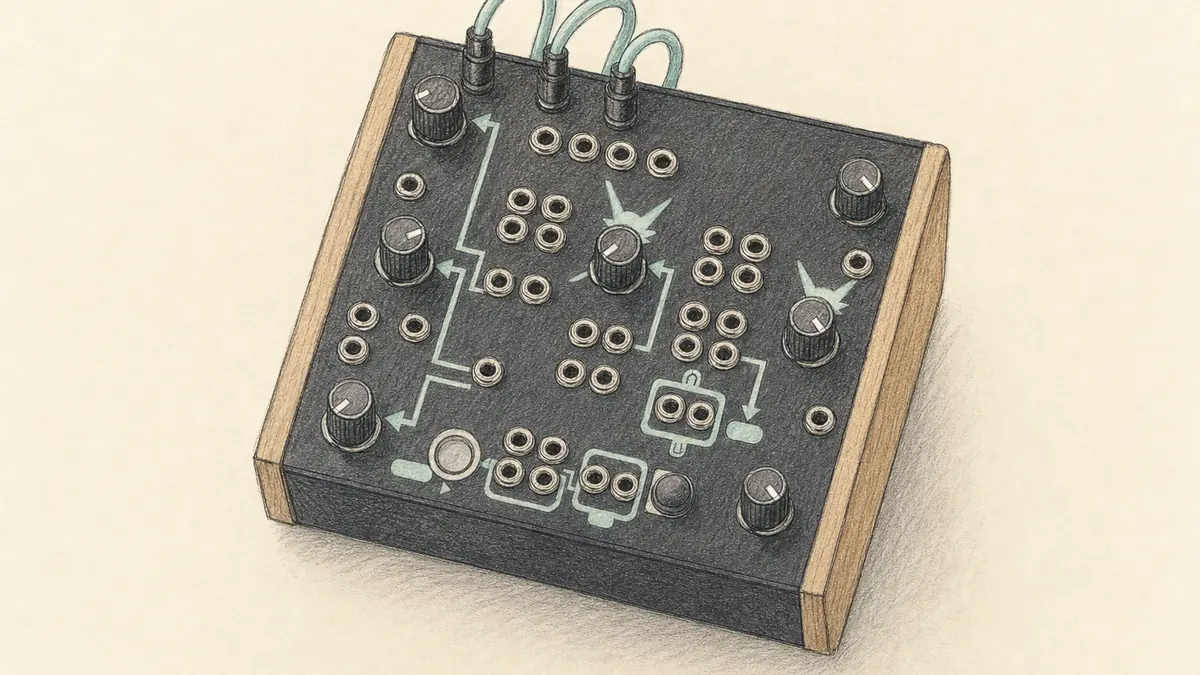 Bastl Kastle 2のイラスト(実機を参考に作成)。手のひらサイズの縦長の小箱、木のサイドパネル、上面に基板がむき出しで多数の小さなパッチポイントとノブ、上部にジャンパーワイヤー
