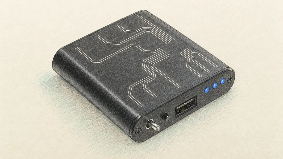 Intech Studio Knotのイラスト(実機を参考に作成)。名刺より小さな黒いアルミの箱、天面に回路パターン風の線、側面にトグルスイッチとボタンとUSB端子と3つのLED