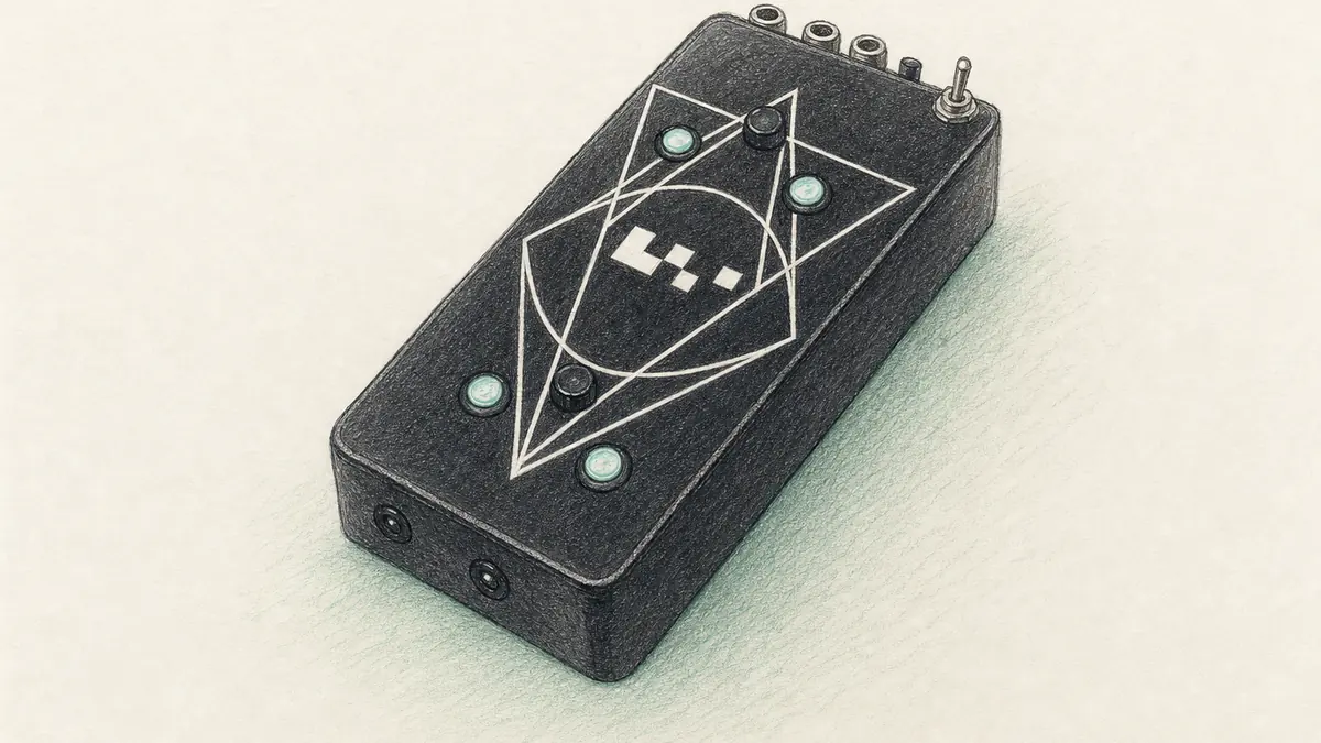 KOMA Elektronik KOMMANDERのイラスト(実機を参考に作成)。手で持つ細長い黒い箱、前面に2つの赤外線センサーの窓、上面に小さなスイッチ、背面に3.5mm端子とアッテネーター