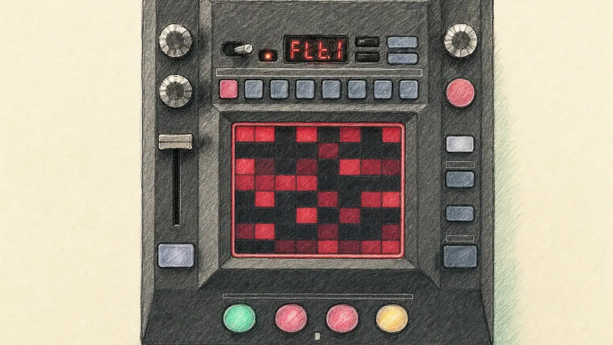 KORG KAOSS PAD KP3+のイラスト（実機を参考に作成）。黒い筐体の中央に赤く光る正方形のXYパッド、上部にノブと表示、下部に色付きボタン