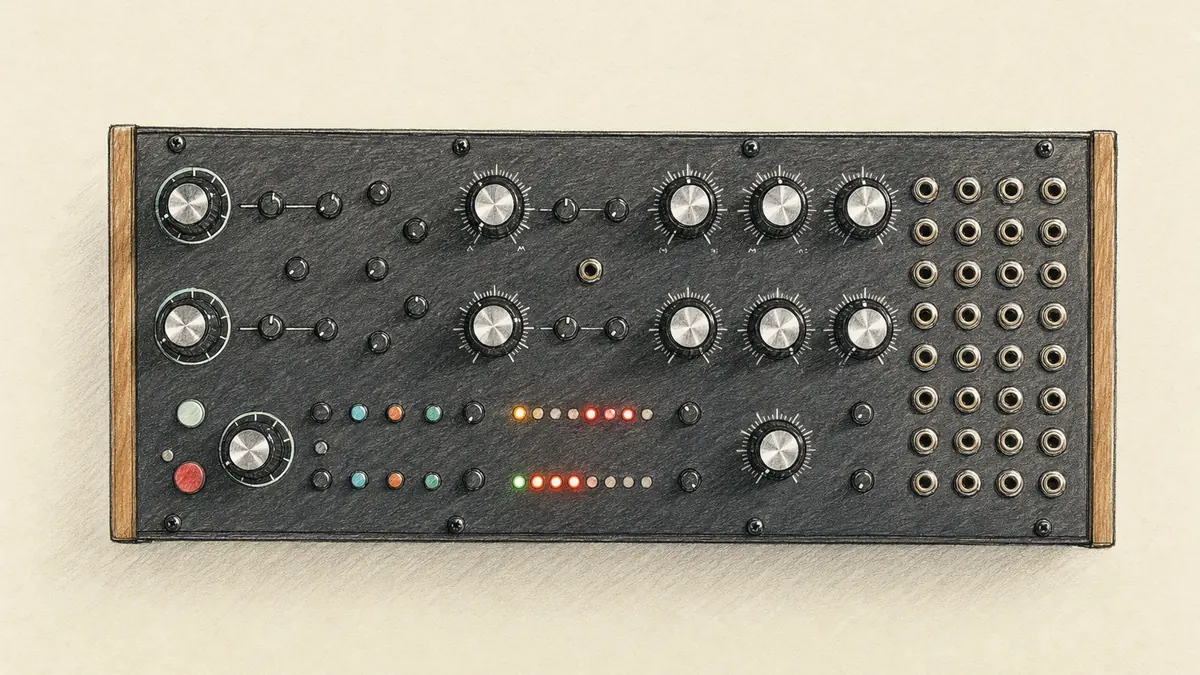 Moog Labyrinthのイラスト(実機を参考に作成)。木のサイドパネルの黒い横長筐体、左に大きなノブ2つとボタン、中央にウェーブフォルダーとフィルターの大ノブと2列の小さなLED、右に銀色ノブと4列のパッチベイ