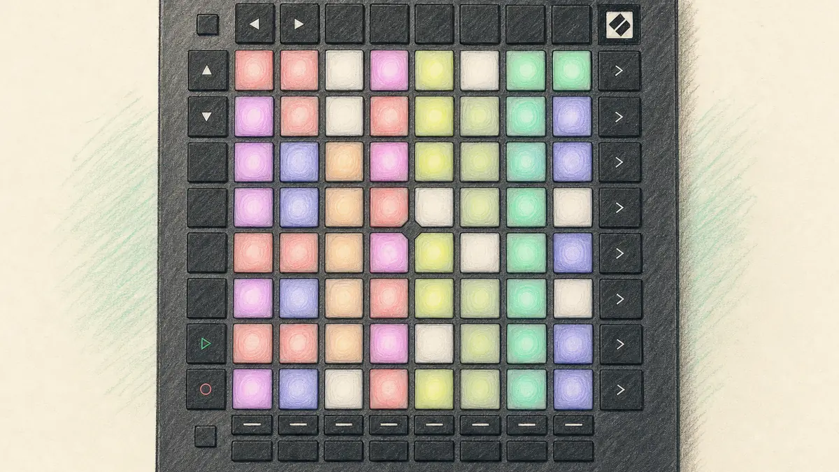 Novation Launchpad Pro MK3のイラスト(実機を参考に作成)。黒い正方形の筐体に8×8の色とりどりに光るパッド、周囲に機能ボタン