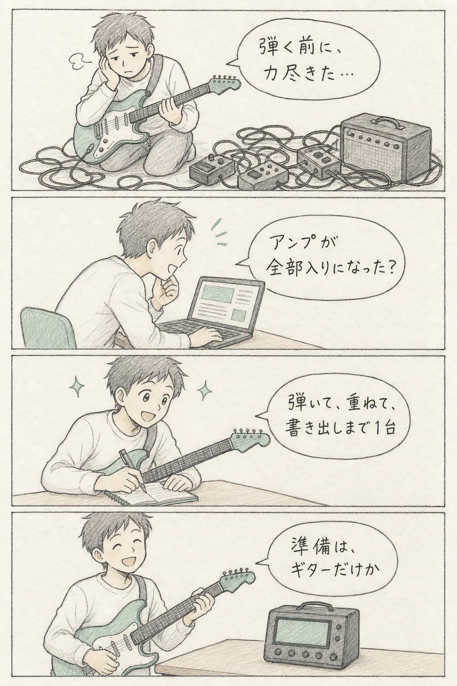 4コマ漫画: 配線だらけで弾く前に力尽きたギタリストが、全部入りのアンプの存在を知り、「準備は、ギターだけか」と笑う