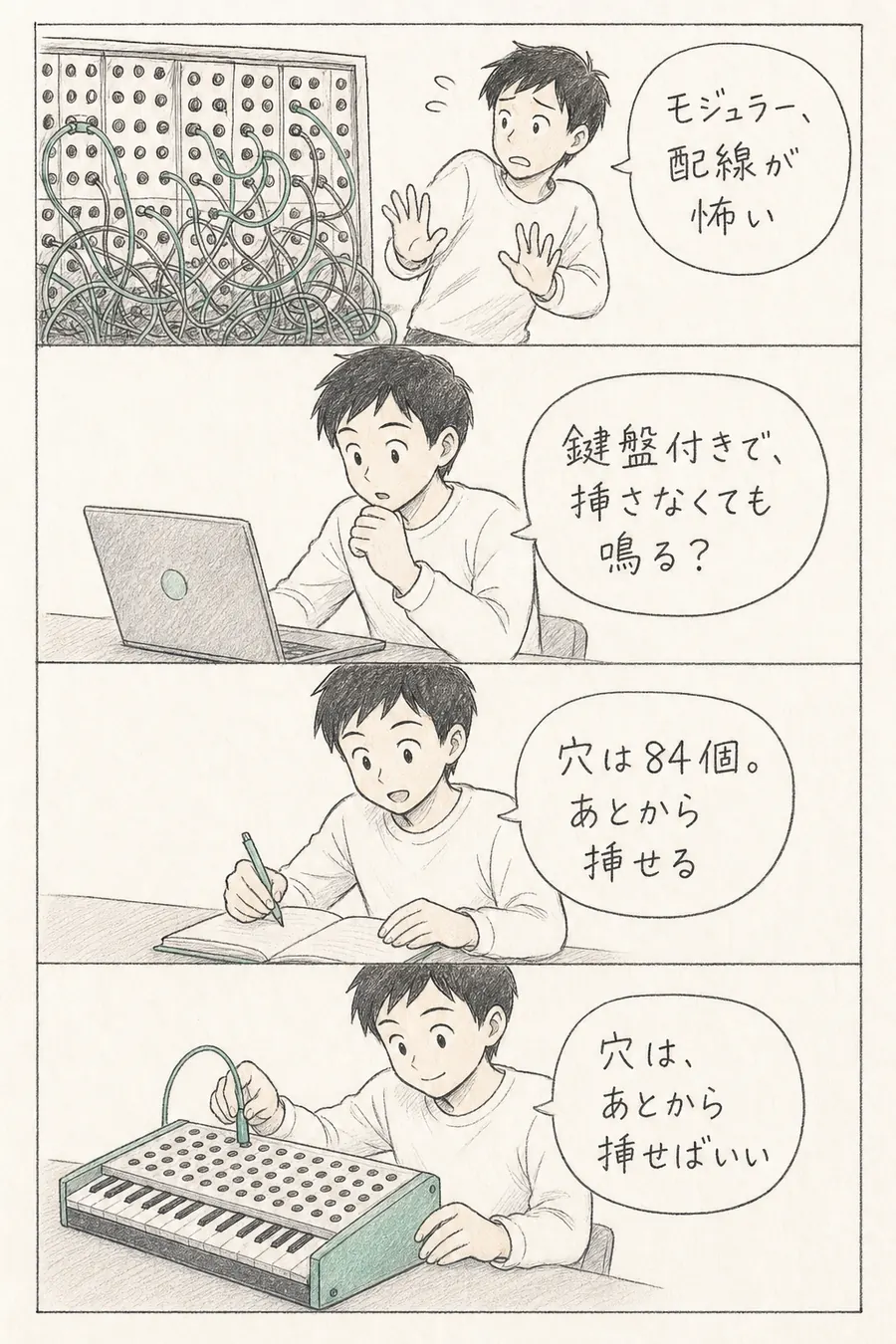 4コマ漫画: モジュラーは配線が怖いと尻込みする初心者が、鍵盤付きでケーブルなしでも鳴るセミモジュラーを知り「穴は、あとから挿せばいい」と安心する