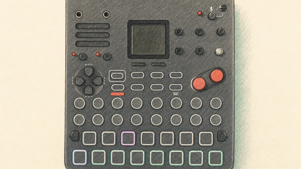 SONICWARE Lofi-12 XTのイラスト（実機を参考に作成）。黒い縦長の筐体、上部に小さな画面と赤いノブ、中央にボタン列、下部に色付きの四角いパッド