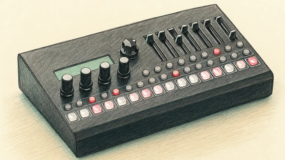 Erica Synths LXR-02のイラスト（実機を参考に作成）。黒いアルミの横長筐体、左に小さな画面とノブ、右上に6本のスライダー、下に2列の光るステップボタン