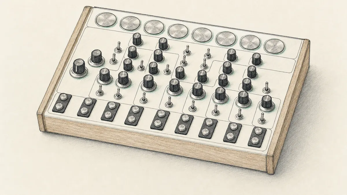 SOMA LYRA-8のイラスト（実機を参考に作成）。木枠に囲まれた金属パネル、上部に8つのセンサープレート、中央から下にかけて多数の黒いノブとトグルスイッチが並ぶ