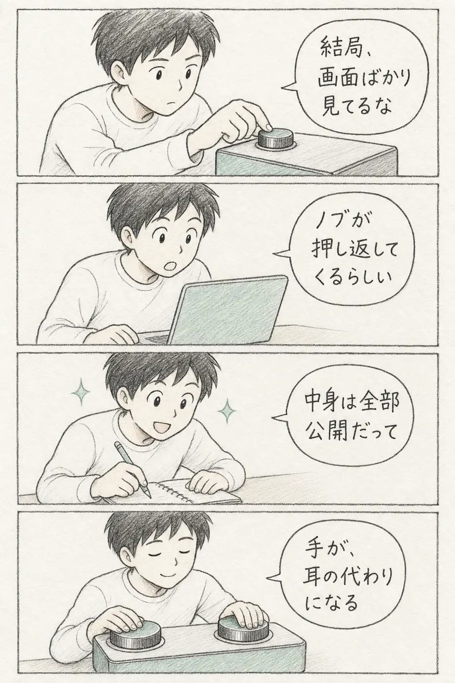 4コマ漫画: 画面ばかり見て音を作っていた初心者が、ノブが押し返してくるシンセの予告を見て「手が、耳の代わりになる」と身を乗り出す
