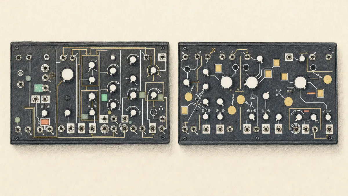Make Noise 0-CoastとStregaのイラスト(実機を参考に作成)。同じ大きさの黒い横長の箱2台、白いノブと金色の線、下辺にパッチ端子列。右の1台には金色の丸いタッチプレートが散らばる