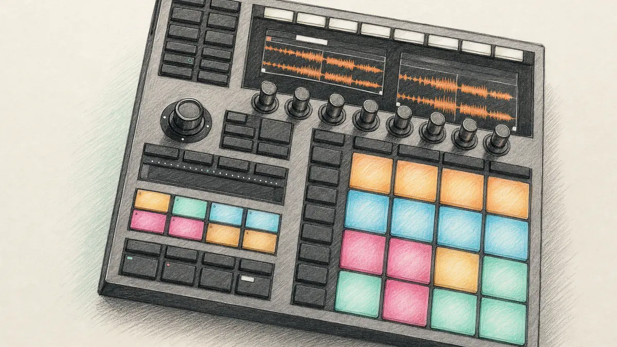 Native Instruments Maschine+のイラスト(実機を参考に作成)。ダークグレーの筐体、右下に4×4の光るパッド、上部に2つの画面と8つのノブ