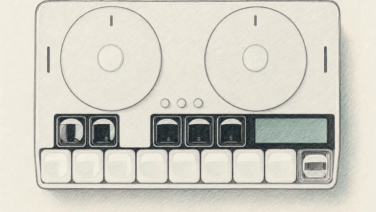 Mach Devices MD-7のイラスト（実機の画像を参考に作成）。明るいグレーの横長筐体に大きな円盤状のノブが2つ、下段に半透明のキーと小さな画面、白い四角いキーの列