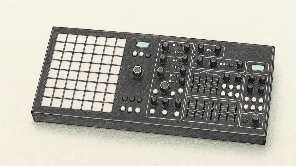 Polyend Dreadbox Medusaのイラスト(実機を参考に作成)。横長の筐体、上半分に丸ノブが多数と小さな画面、下半分に8×8の四角いパッドが格子状に並ぶ