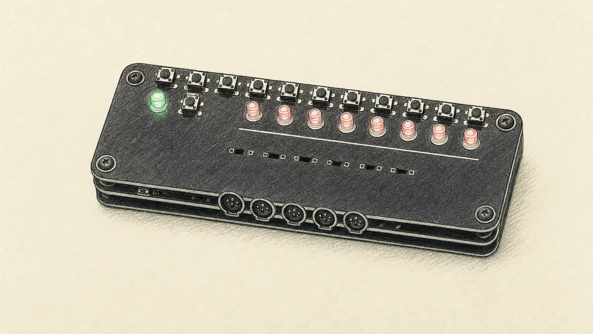 SOMA METACONFORMERのイラスト（実機を参考に作成）。小さな黒い金属の箱、前面に5ピンのDIN端子が並び、上面に小さなボタンとLED