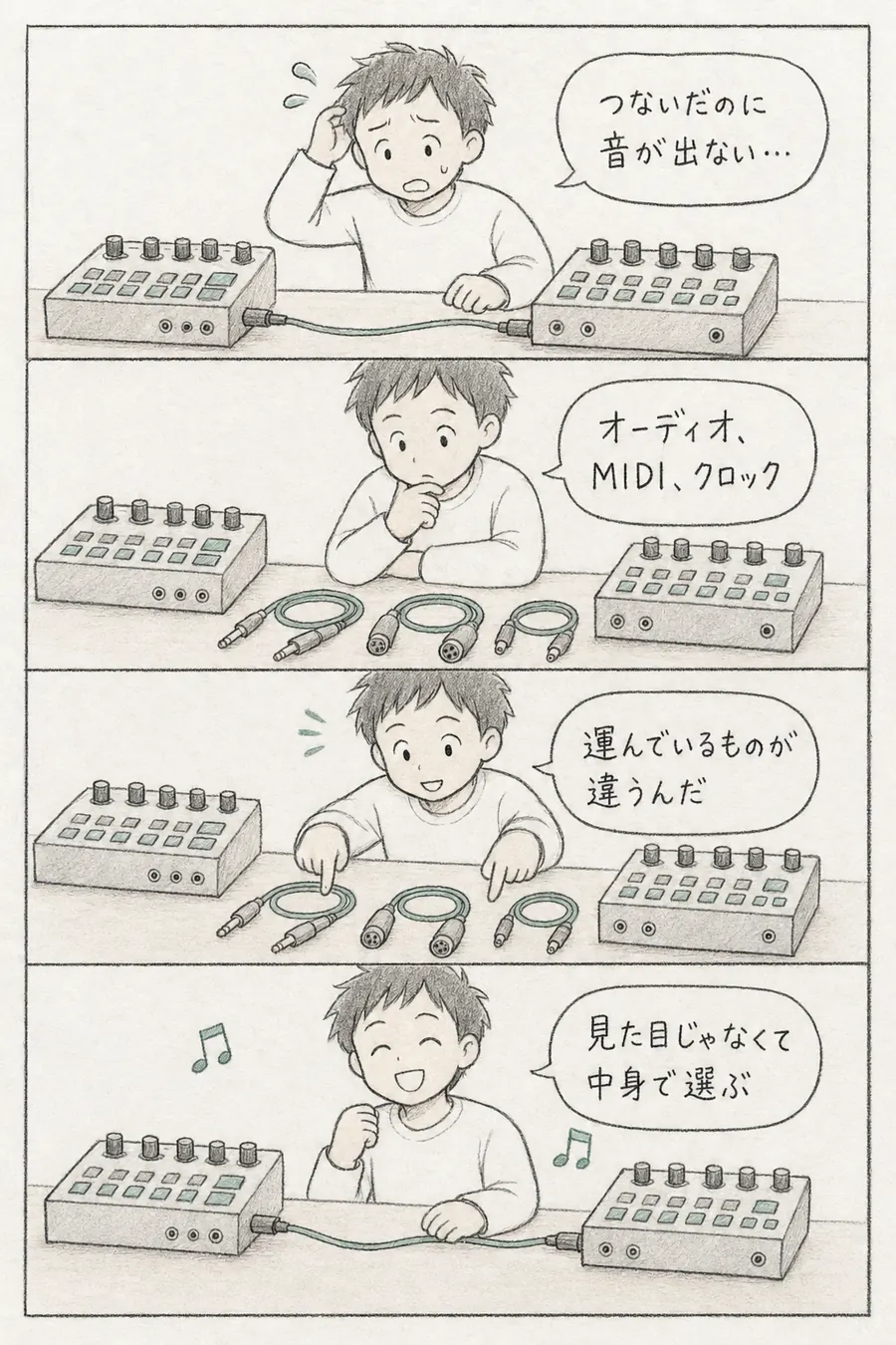 4コマ漫画: つないだのに音が出ず焦る初心者が、オーディオ・MIDI・クロックの3本のケーブルは運んでいるものが違うと気づき、「見た目じゃなくて中身で選ぶ」と学ぶ
