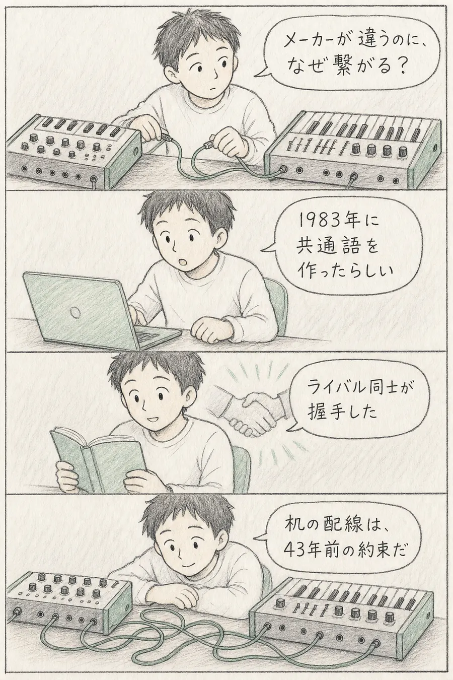 4コマ漫画: メーカーの違う機材がなぜ繋がるのか調べた初心者が「机の配線は、43年前の約束だ」と気づく