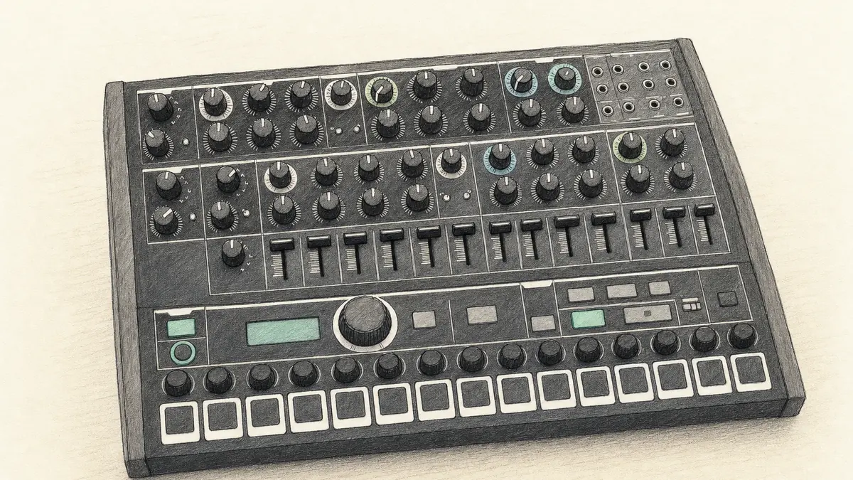 Arturia MiniBrute 2Sのイラスト（実機を参考に作成）。黒い横長の卓上シンセ、上段にノブ列とスライダー、右にパッチ端子群、下段に大きなエンコーダーとテンポ表示、16個の白いパッド