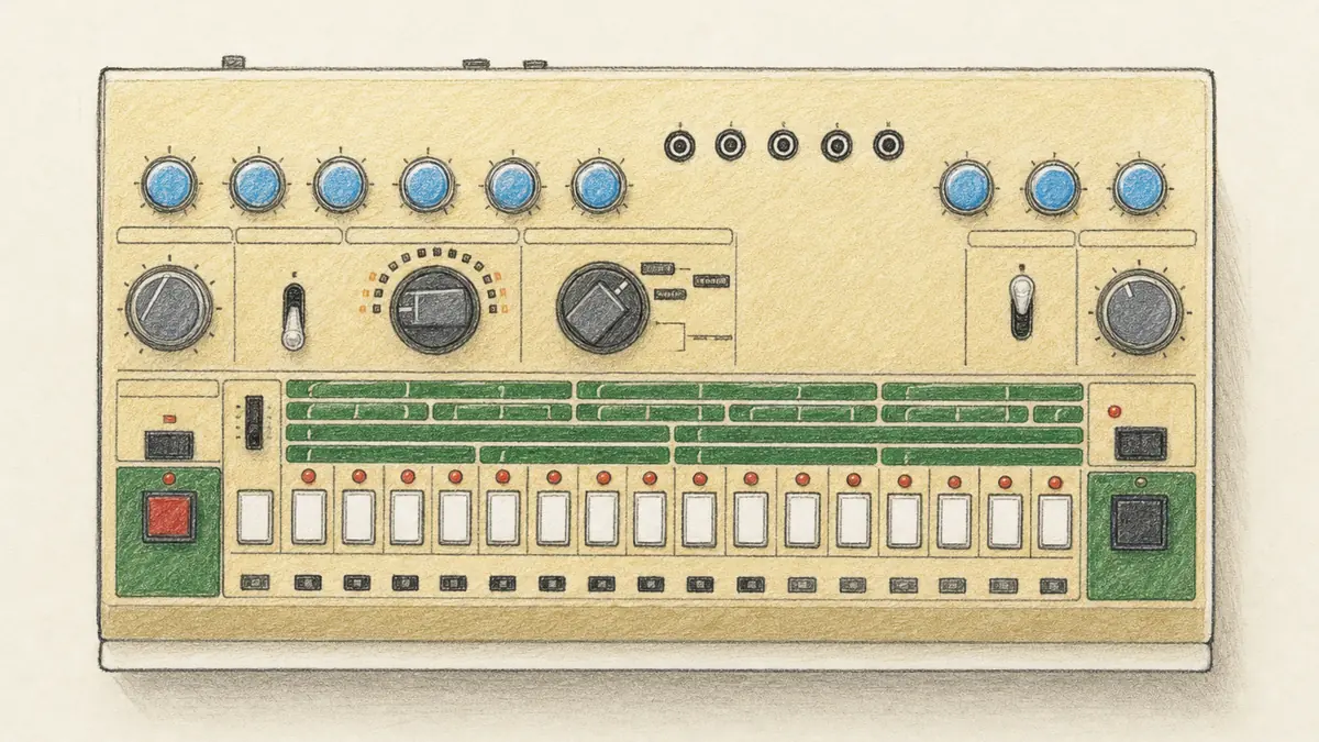 Behringer Mini Pops 7のイラスト(実機の画像を参考に作成)。金色のパネルに水色の丸ノブ列、中段に大きなロータリー2つ、緑の帯、下段に白い16ステップボタンと赤いボタン