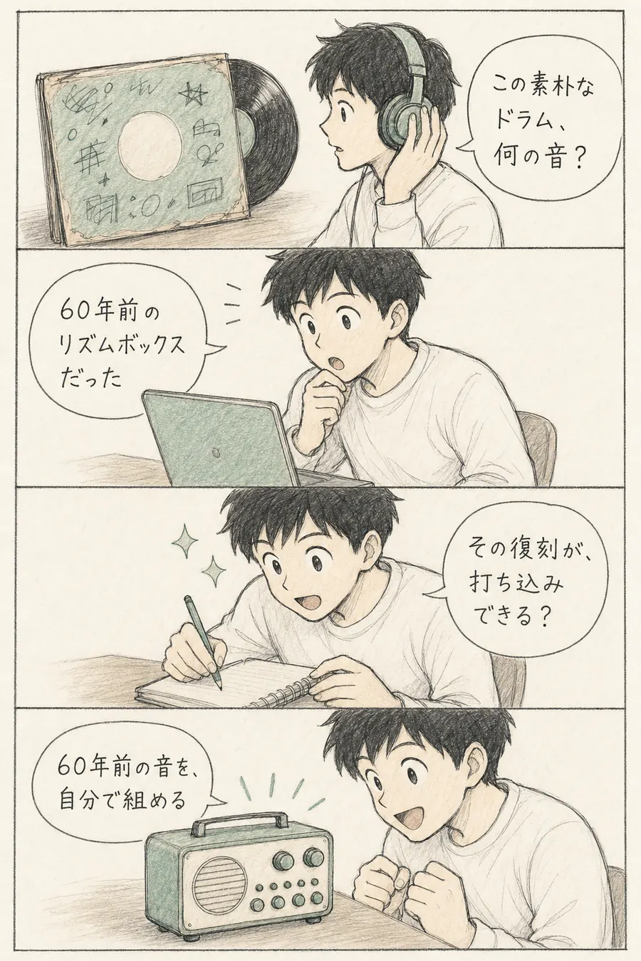 4コマ漫画: 1966年のリズムボックスの音を聴いた初心者が、その復刻が打ち込み対応で予告されたと知り「60年前の音を、自分で組める」と目を輝かせる