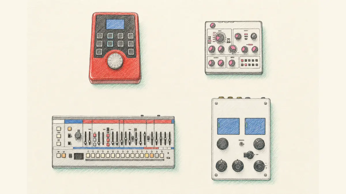 鍵盤のない音源モジュールが4台、机の上に2列に並んだイラスト。赤い縦長の箱、白い正方形の箱、横長で薄い箱、青い画面が2つ付く白い箱