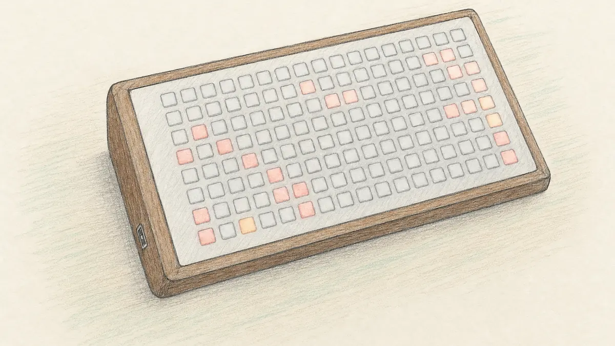 monome gridのイラスト(実機を参考に作成)。木枠のアルミパネルに16×8の白く光る正方形ボタンが並ぶ薄い箱、側面にUSB端子