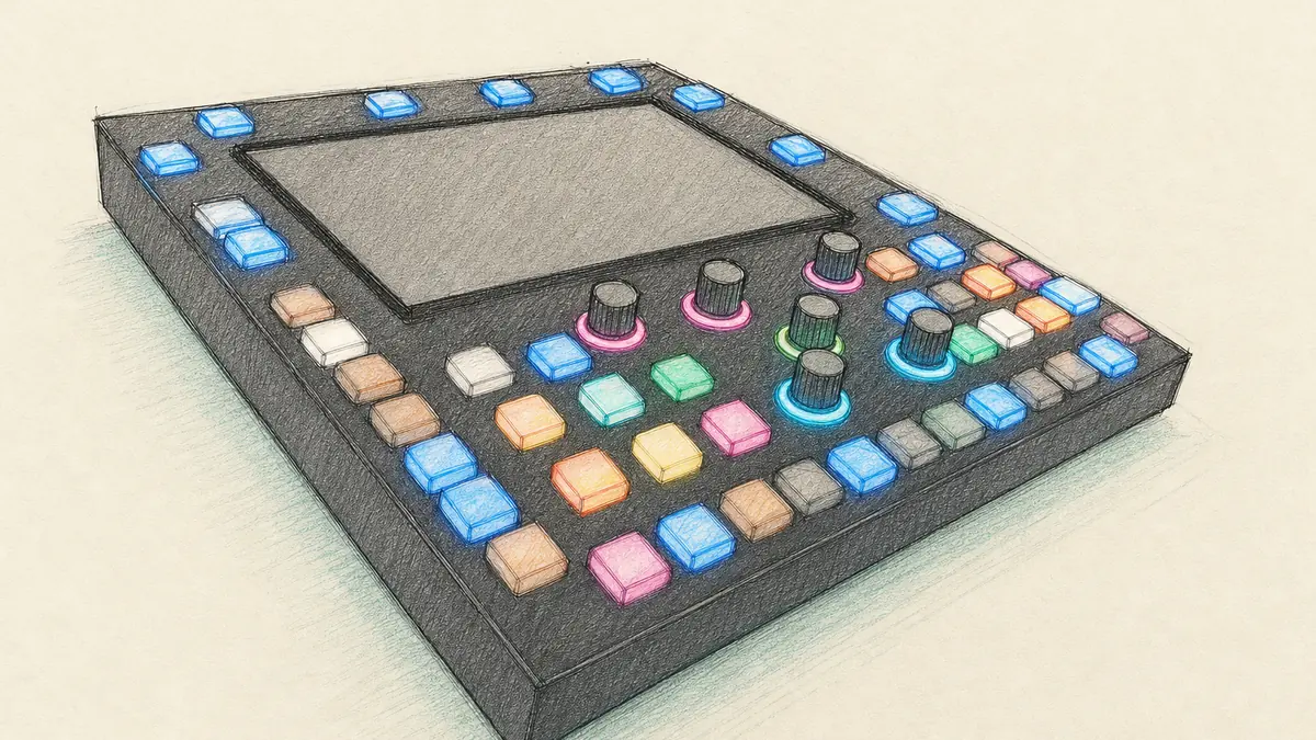 Beatboxer Mosaikのイラスト（実機の画像を参考に作成）。黒い横長の筐体、中央に横長のタッチ画面、その周りに多色に光る四角いキー、手前に光るリング付きのノブ