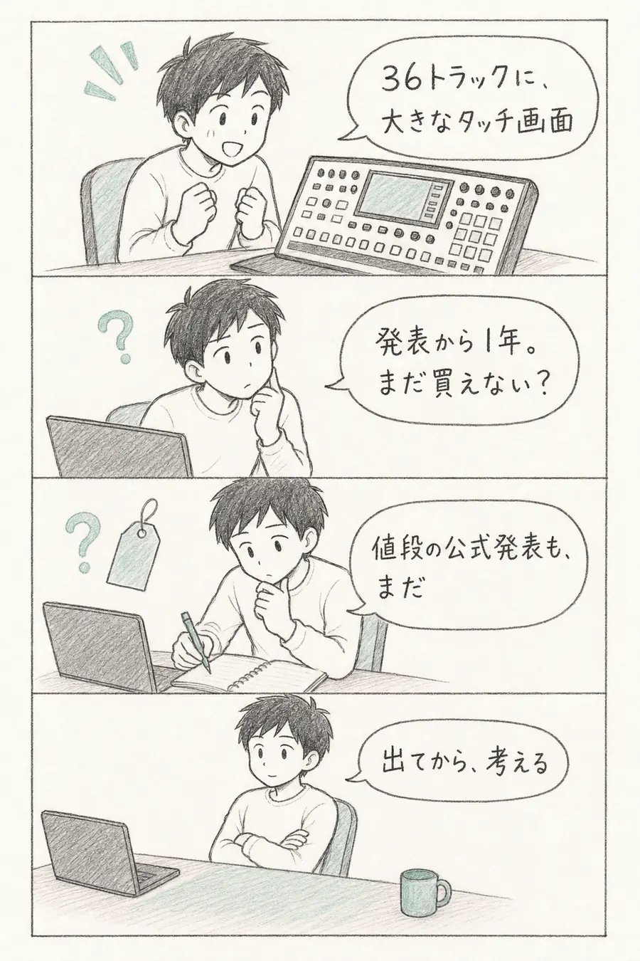 4コマ漫画: 36トラックとタッチ画面の大きなグルーヴボックスの発表に興奮した初心者が、1年以上たっても発売の公式発表がないと知り、机の空きスペースを空けたまま待つ