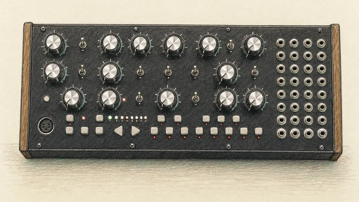 Moog Mother-32のイラスト（実機を参考に作成）。木製サイドパネルの黒い横長筐体、銀色のノブが2段、右端に4列のパッチ端子、下段に8個の赤いLED付きボタンと13個のボタン鍵盤
