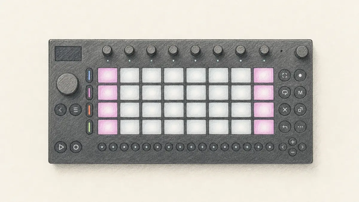Ableton Moveのイラスト(実機を参考に作成)。黒い横長の卓上機、左上に小さな画面、上段に9個のノブ、中央に4×8の光るパッド、下段に16のステップボタン