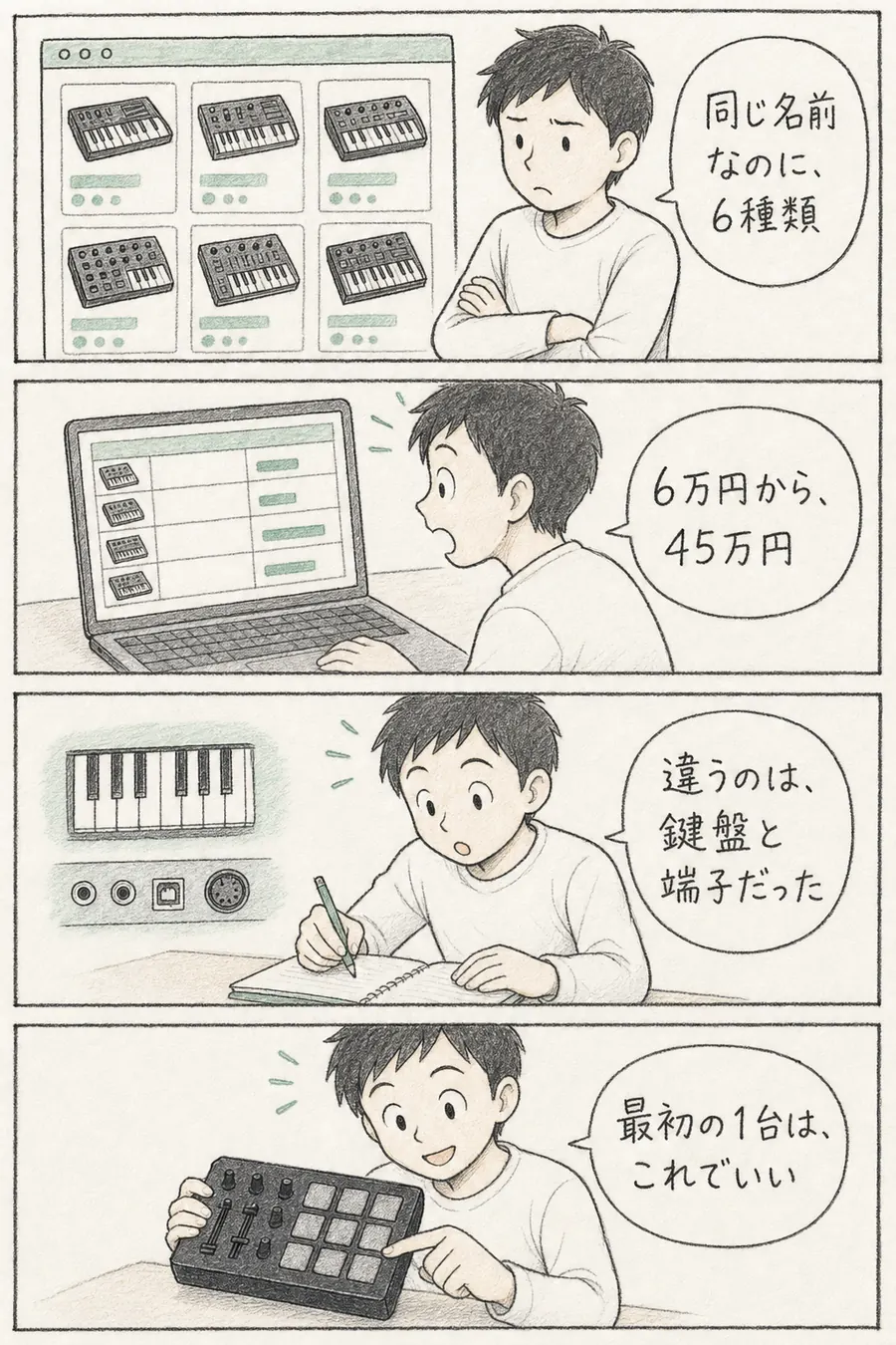 4コマ漫画: 同じ名前のMPCが6種類あることに戸惑う初心者が、6万円から45万円という価格差の正体が鍵盤と端子の違いだと気づき、いちばん小さい1台から始める