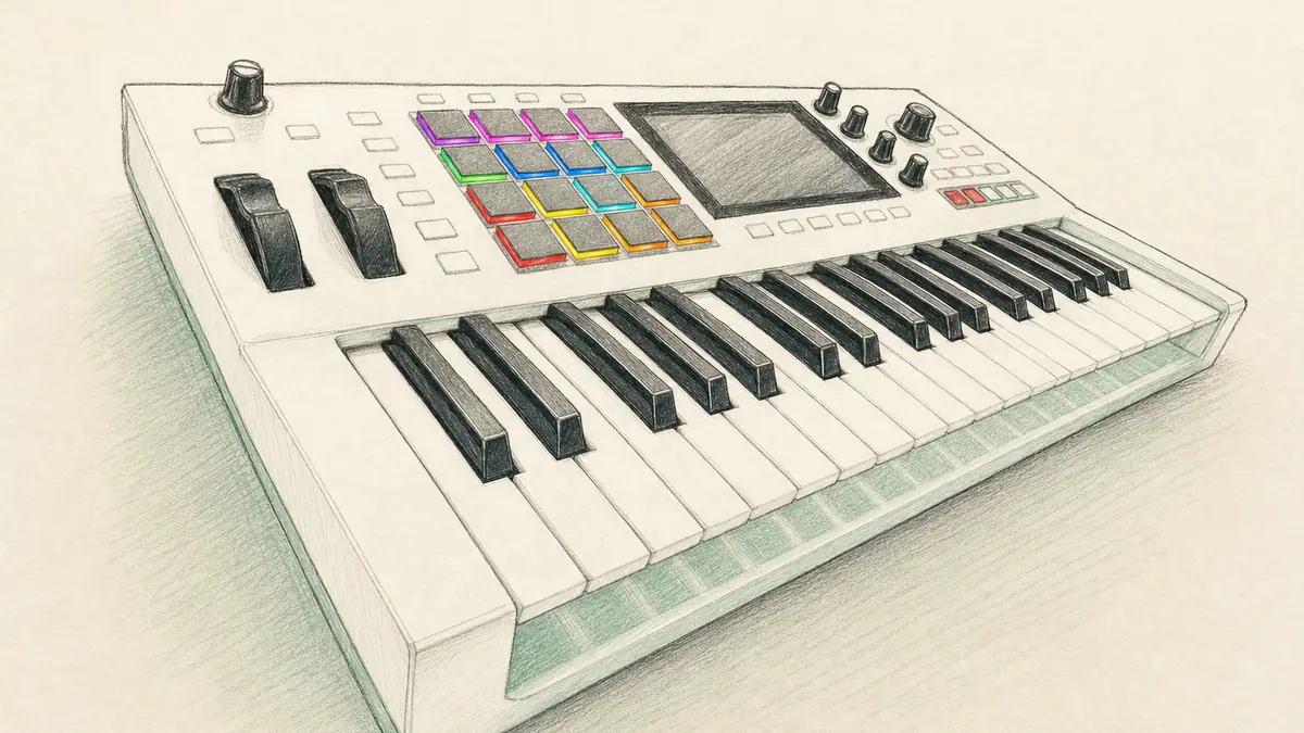 Akai MPC Key 37 G2のイラスト(実機を参考に作成)。白い筐体に37鍵の鍵盤、上部に4×4のパッドとタッチ画面、ノブ列