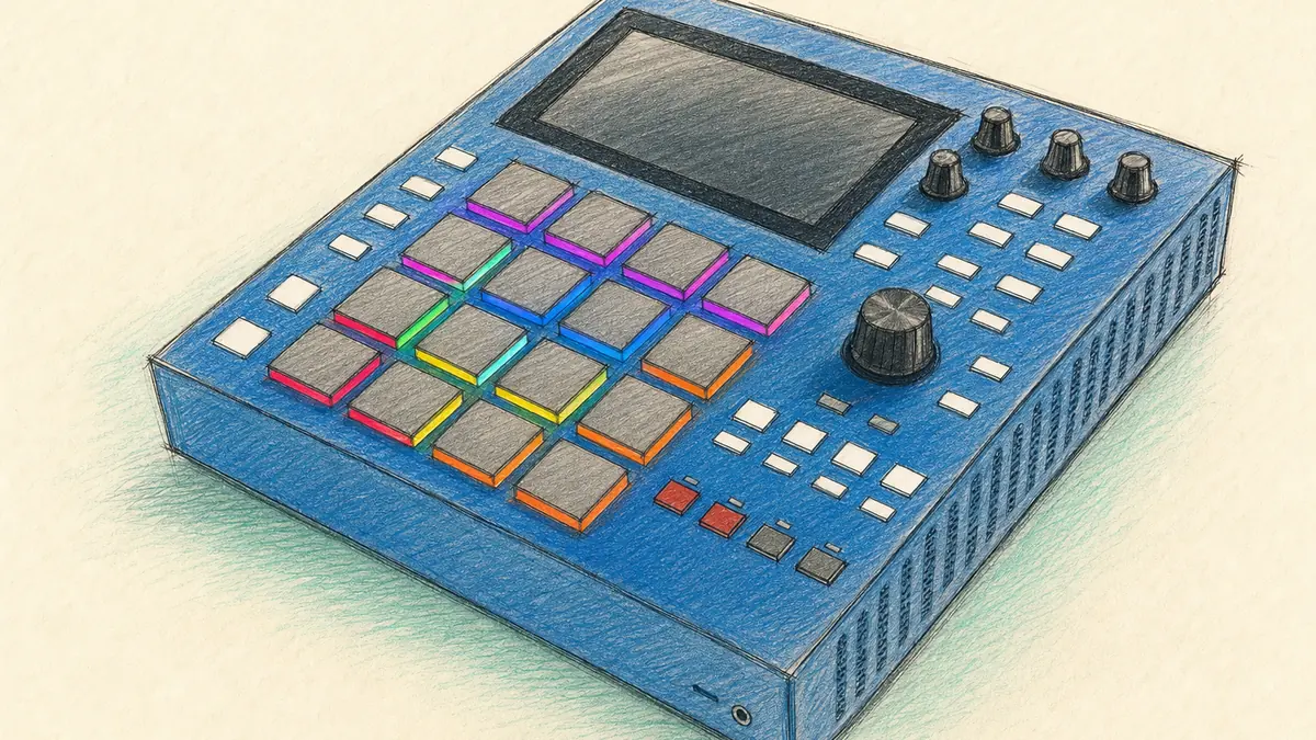 Akai MPC One G2のイラスト(実機を参考に作成)。青い筐体に4×4のパッド、右にタッチ画面とノブ列