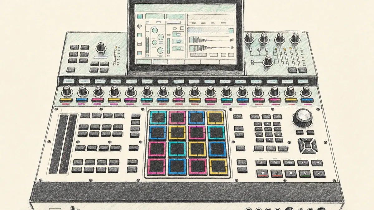 Akai MPC XLのイラスト(実機を参考に作成)。白い大型筐体、中央に4×4のパッド、上部に角度を変えられる大きな画面、左右にノブとボタン群