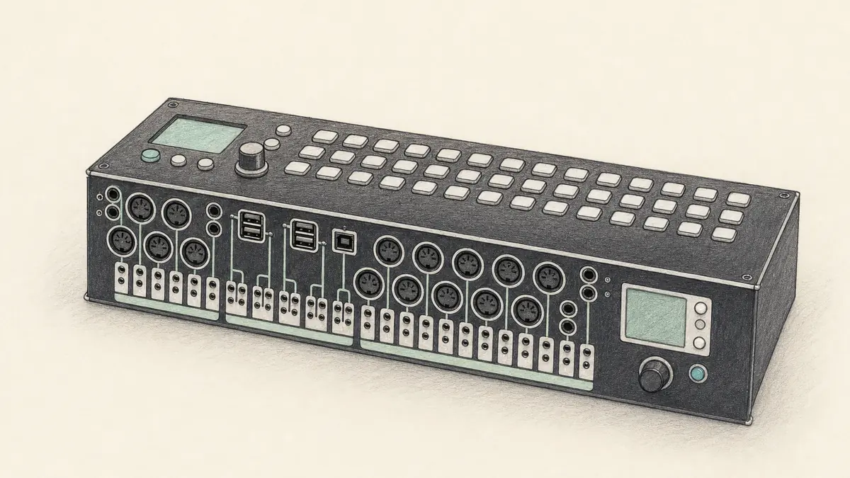 Conductive Labs MRCCのイラスト(実機を参考に作成)。横長の黒い筐体、上面に多数の押しボタンと小さな画面、背面に5ピンDIN端子が多数と3.5mm端子とUSB端子