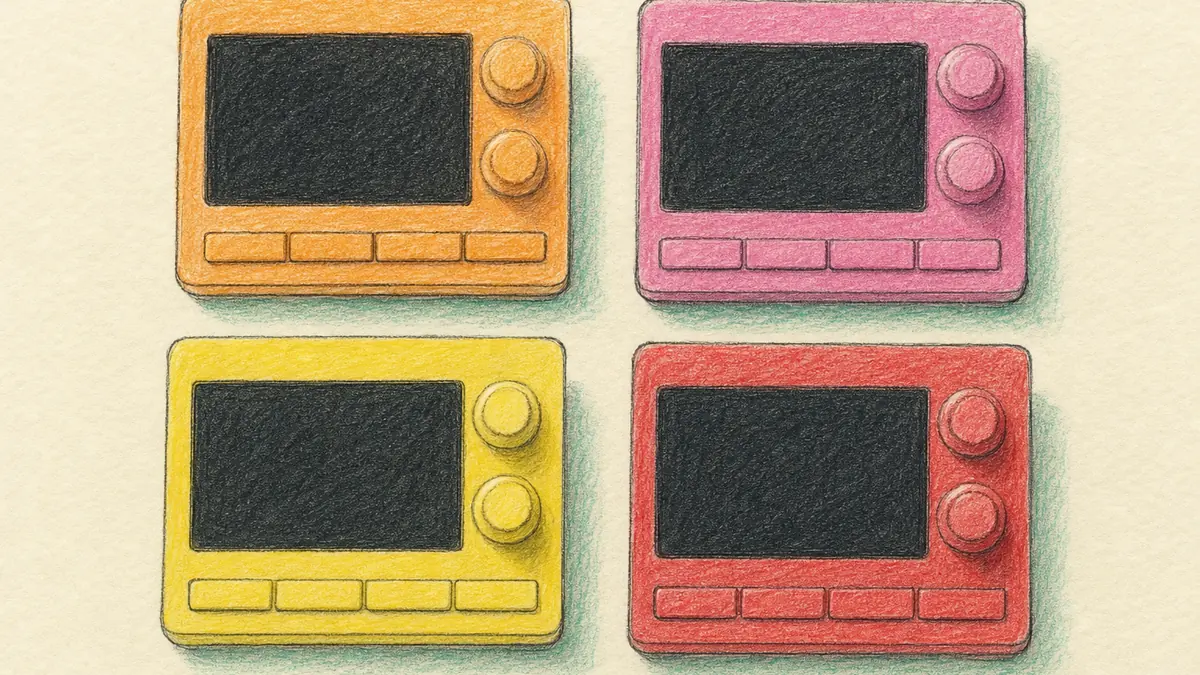 1010music nanobox のイラスト(実機を参考に作成)。手のひらサイズの小さな箱、中央にタッチスクリーン、側面にノブと端子