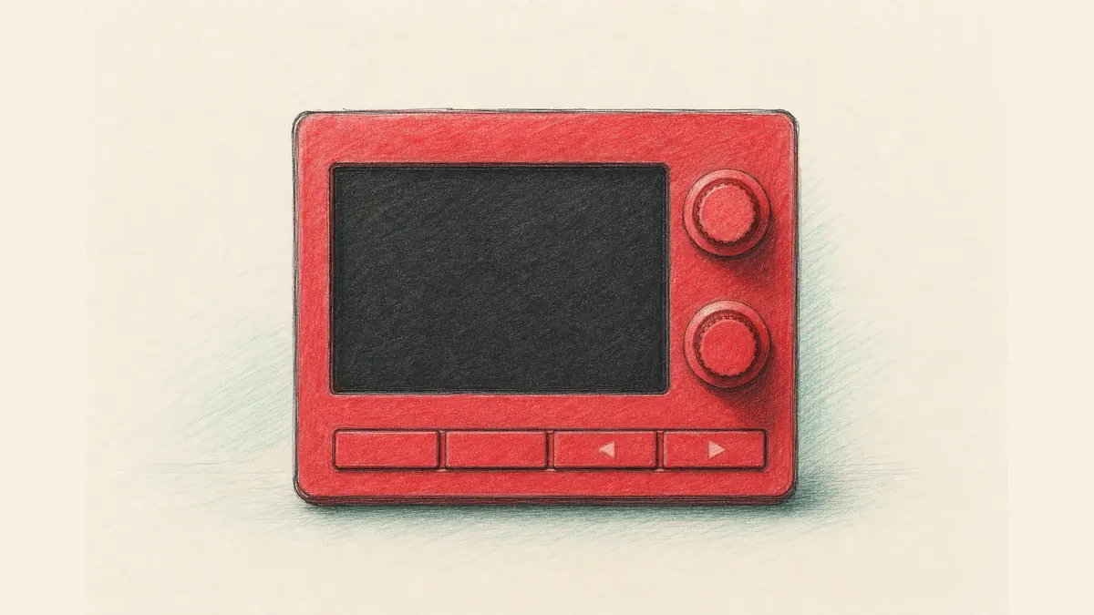 手のひらサイズのシンセのイラスト。小さなタッチスクリーンとノブ2つ、ボタンが並ぶ