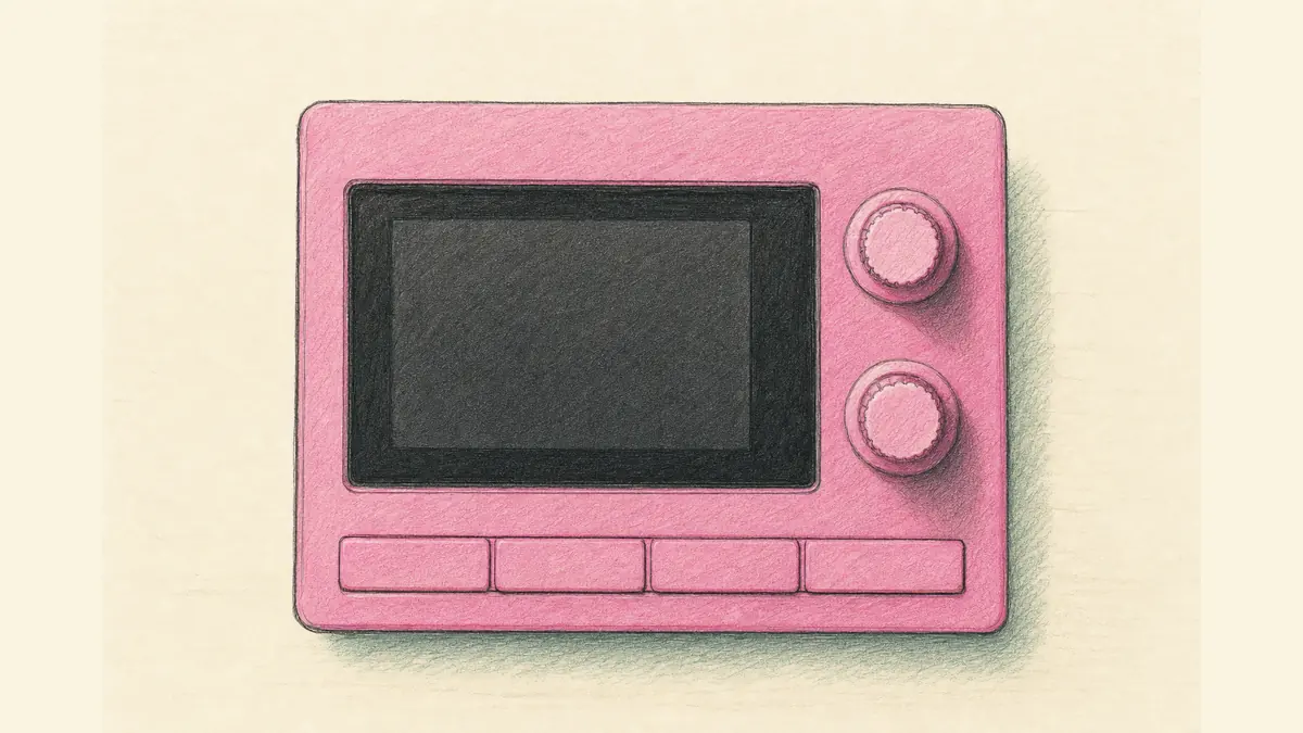 手のひらサイズのドラムマシンのイラスト。小さなタッチスクリーンとノブ2つ