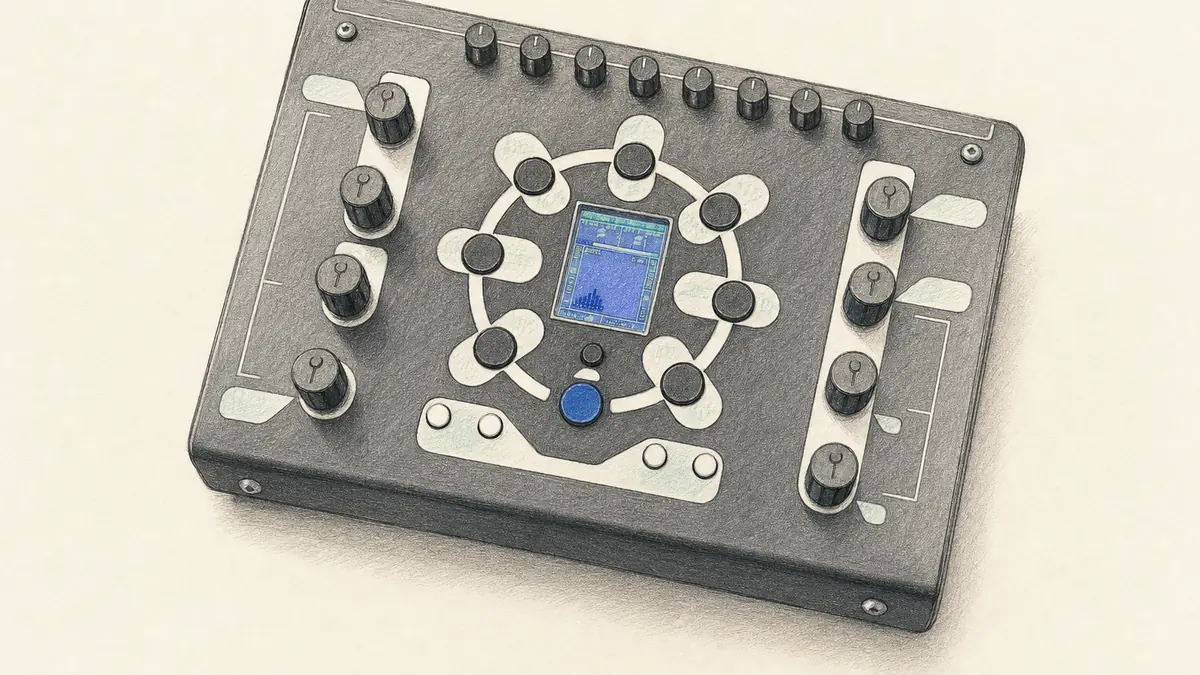Conductive Labs NDLRのイラスト(実機を参考に作成)。黒いアルミの箱、8個の黒いノブ、中央の小さなカラー画面を円形に囲むボタン、上端に端子列