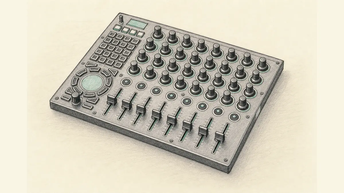 横長のMIDIコントローラーのイラスト。エンコーダー32個とフェーダーが並ぶ