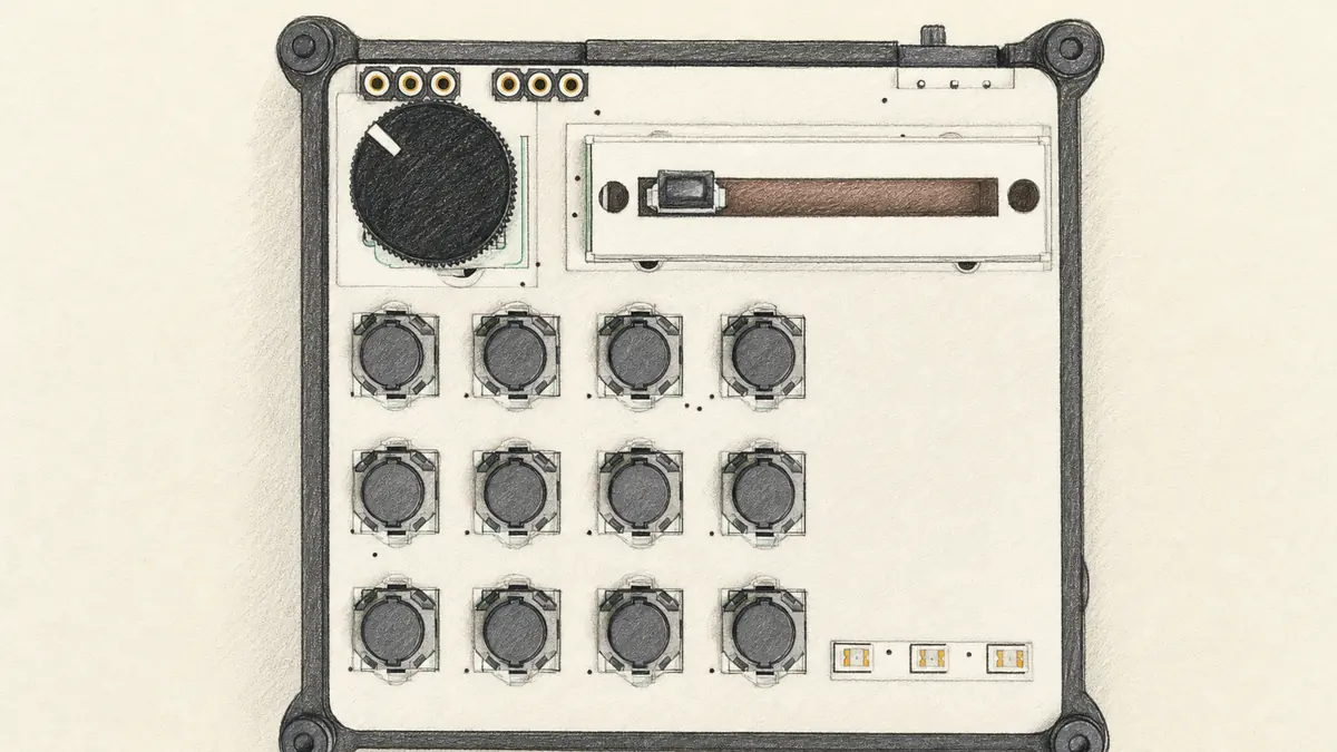 this.is.NOISE NMSVEのイラスト(実機を参考に作成)。白いパネルを黒いフレームで囲んだ正方形の小箱、左上に大きな黒いノブ、右上にスライダー、左下に3×4の丸いボタン