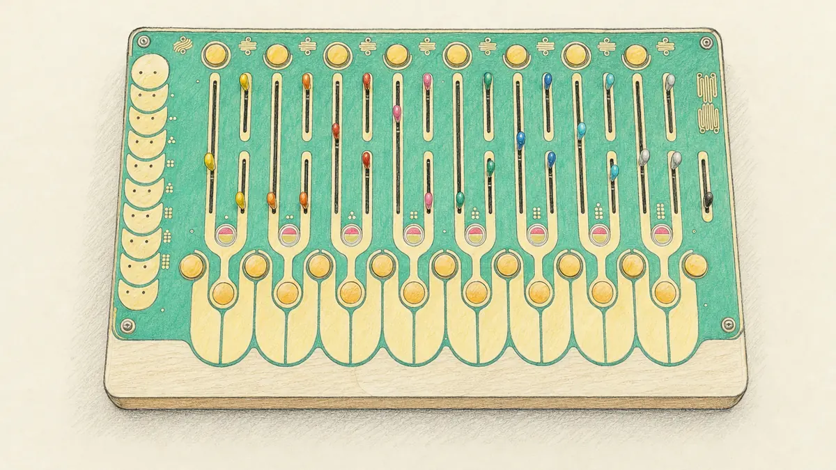 Landscape NOONのイラスト(実機を参考に作成)。木の枠に入った緑の基板、金色の配線パターン、8本の音叉型チャンネルに色付きキャップの縦スライダー、下端に金色のタッチプレートと橙色のボタン