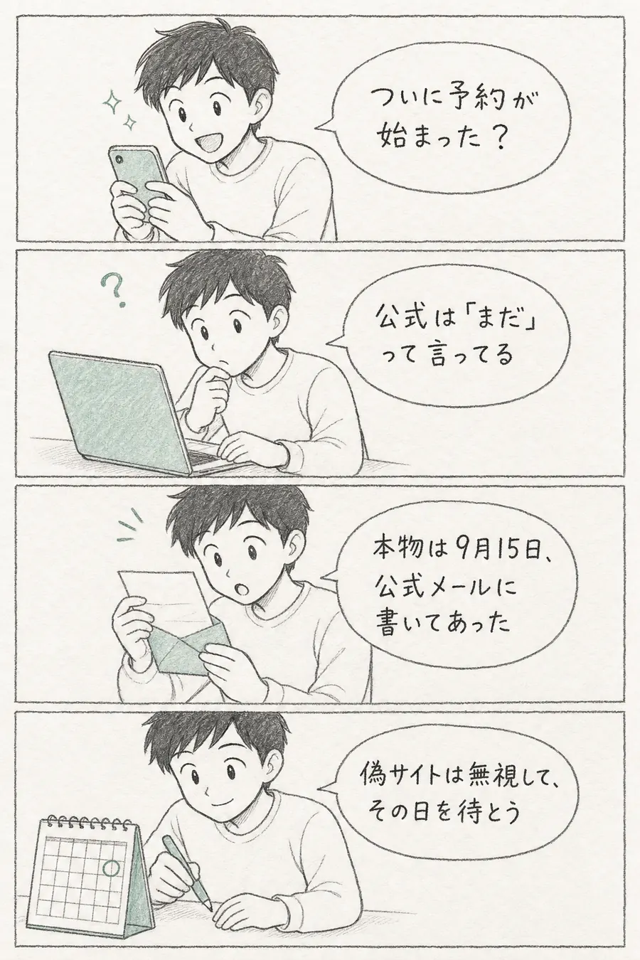 4コマ漫画: 予約開始の噂を見た初心者が公式の「まだ」に気づき、公式メールで9月15日の本物の日程を知って安心する