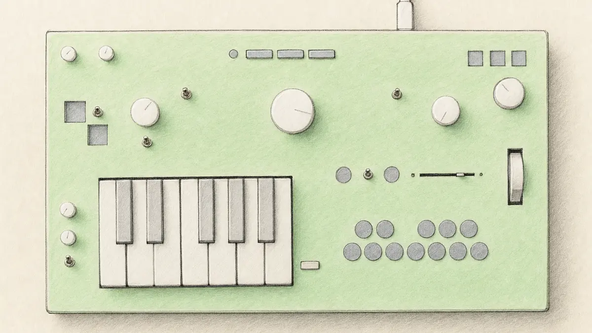 Nopia MK1のイラスト(実機を参考に作成)。淡いミントグリーンの薄い筐体、左下にミニ鍵盤、中央に大きな白いノブ、右下に灰色の丸いパッド列、右端に縦スライダー