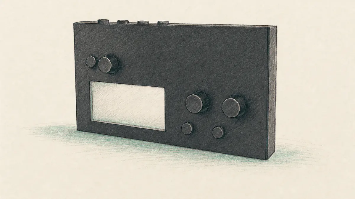 monome nornsのイラスト(実機を参考に作成)。黒いアルミの小さな横長の箱、左上に小さなノブ、中央に横長の画面、右に2つのノブと2つのキー