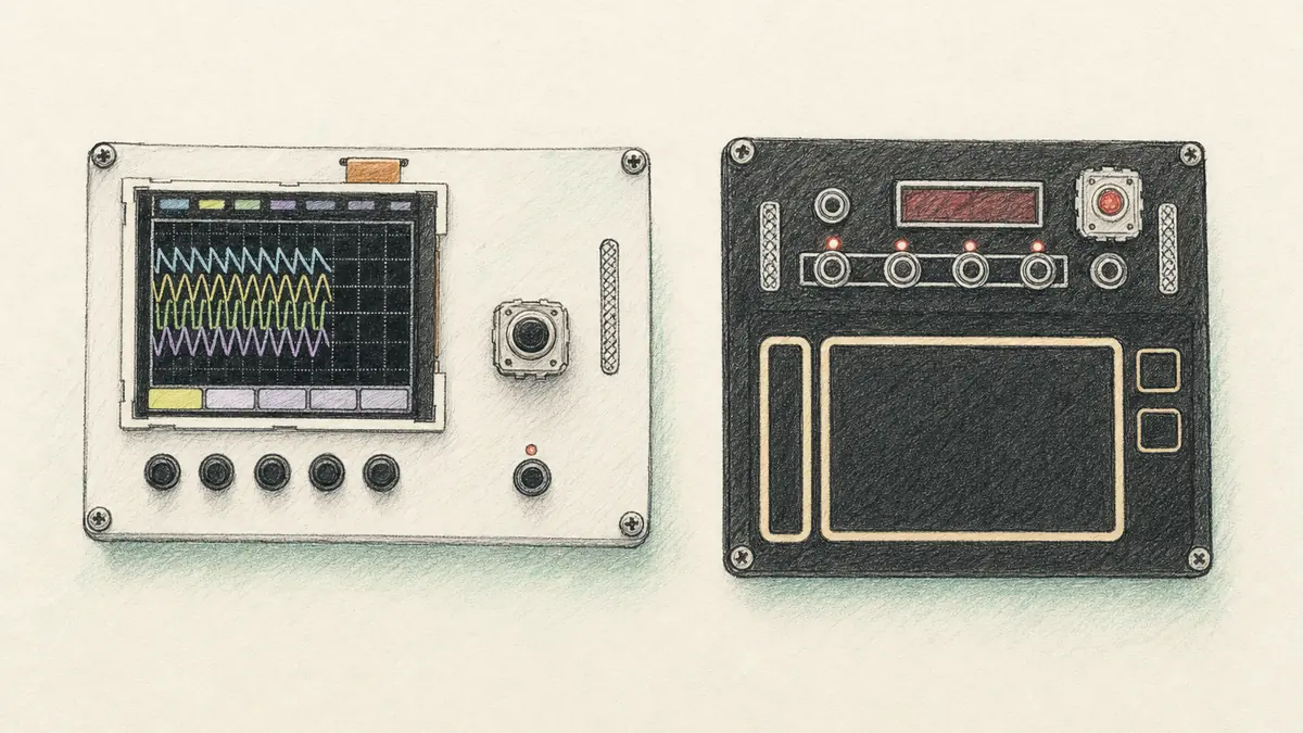 KORG NTS-2とNTS-3のイラスト(実機を参考に作成)。左に画面付きの白い小箱、右に黒いXYパッドと4つのボタンの小箱